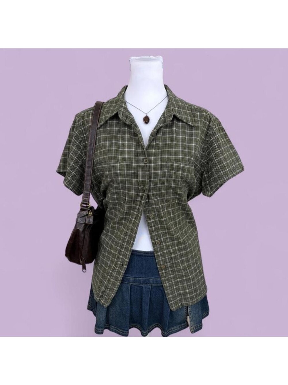 90s green plaid granola shirt